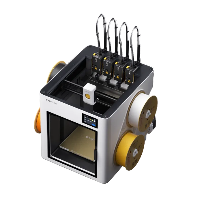 Impressora 3D Snapmaker U1 cinza vista de cima, com os quatro cabeçotes de troca rápida no topo e duas bobinas de filamento nas laterais