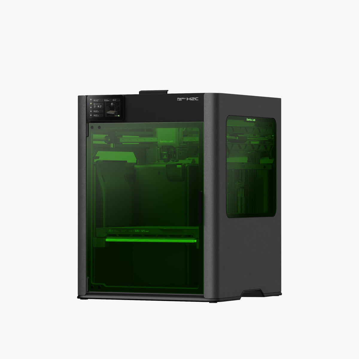 Bambu Lab H2C com a câmara de impressão iluminada em verde, vista de frente