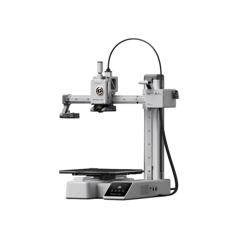 Impressora 3D Bambu Lab A1 mini de estrutura aberta, com torre vertical, mesa quadrada e tela na base