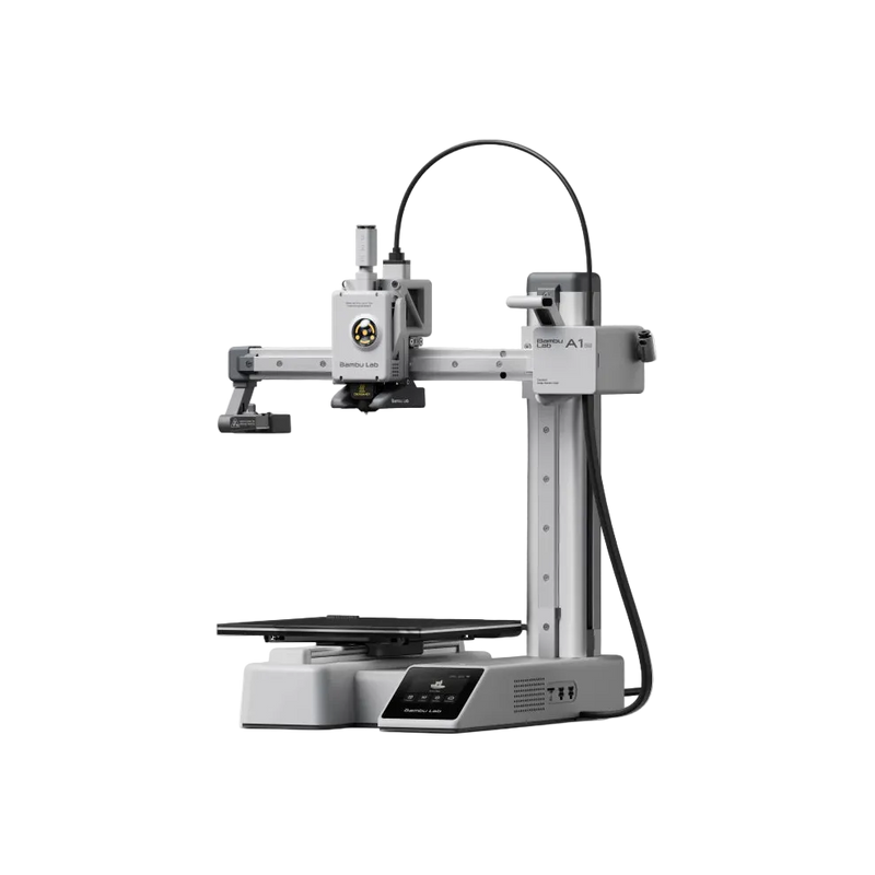 Impressora 3D Bambu Lab A1 mini de estrutura aberta, com torre vertical, mesa quadrada e tela na base