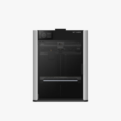 Bambu Lab H2S vista de frente, gabinete cinza claro com porta de vidro e câmara de 340 mm